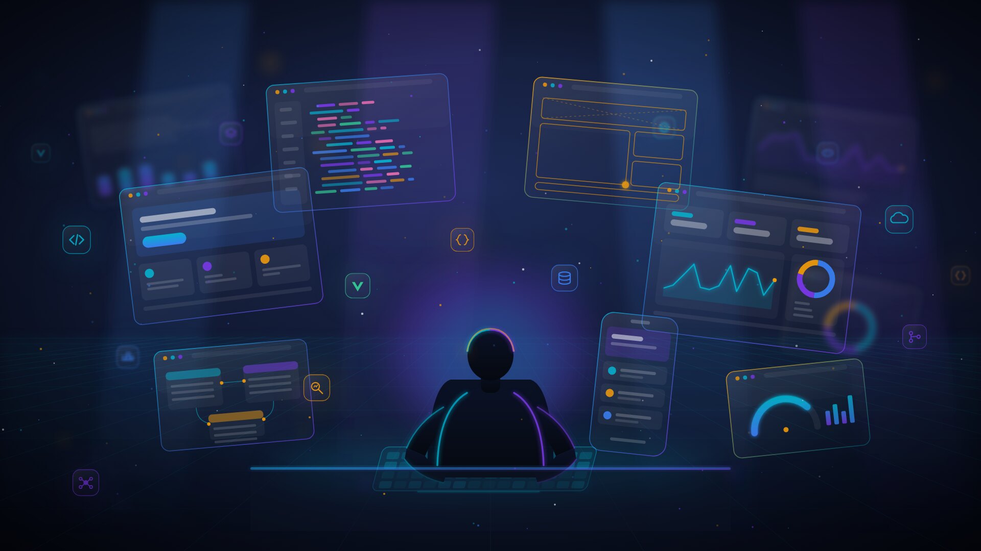 Developer at a workspace surrounded by floating screens showing a landing page, an analytics dashboard, code, a UX wireframe, a database schema and a mobile app preview